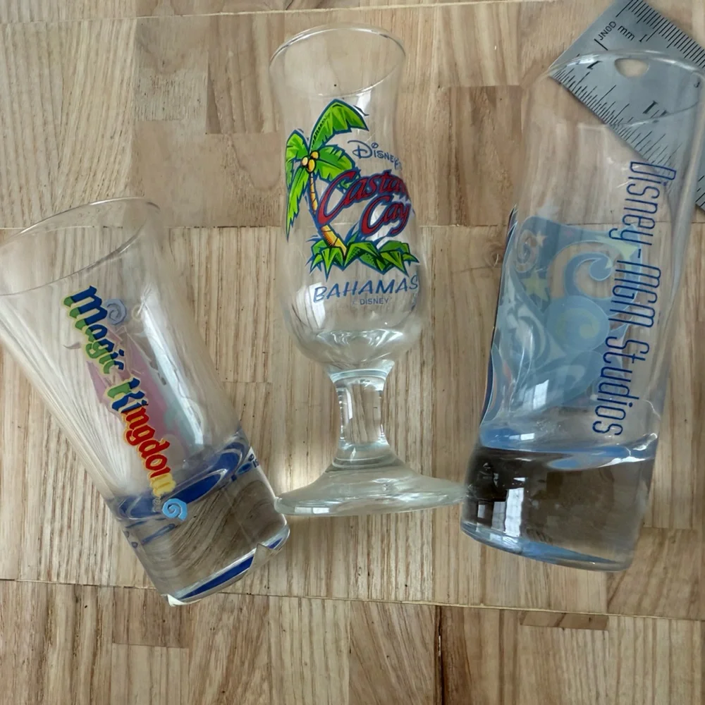 Disney 3 Shot Glass Set Castaway Cay Bahamas, Disney-MGM Studios, Magic Kingdom
